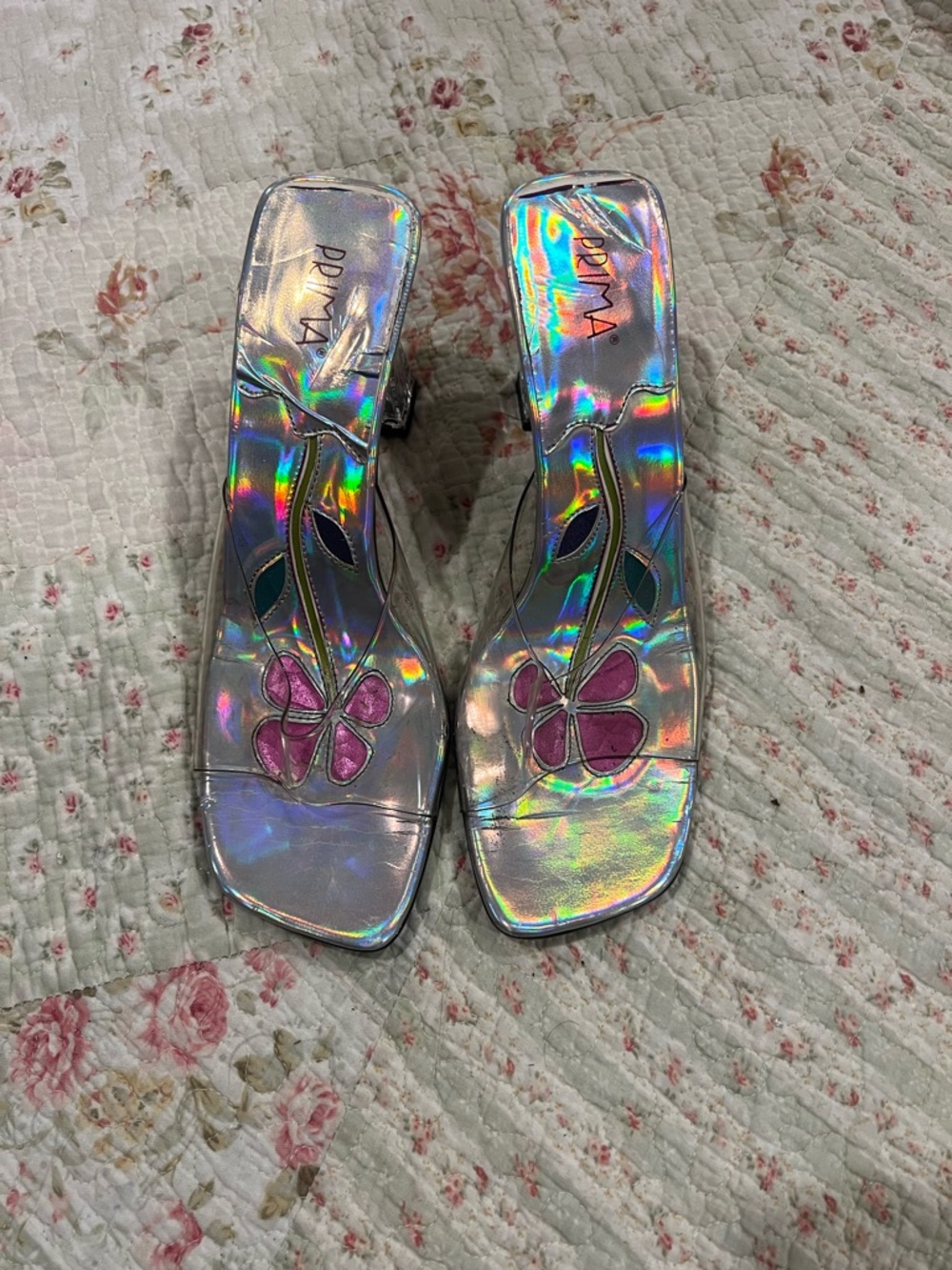 Holographic Silver Floral Square-Toe Mules with Pink Accent